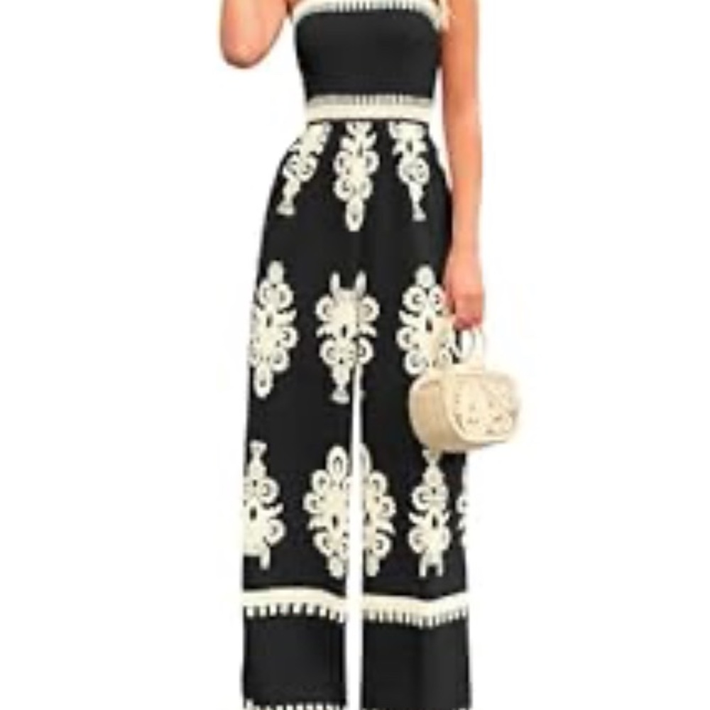 Wide Leg Boho Black and Cream Romper
